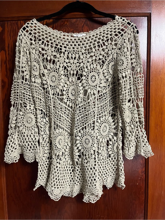 Ultra Pink Other - Ultra Pink Crochet Off-the-Shoulder Sweater in Light Sage Green